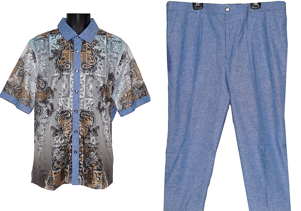 Prestige Linen Shirt/Pants Set # LUX560 Blue